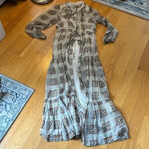 Anthropologie Elisabeth Shirtdress Metallic Plaid Maxi Dress Tie Waist Size 6